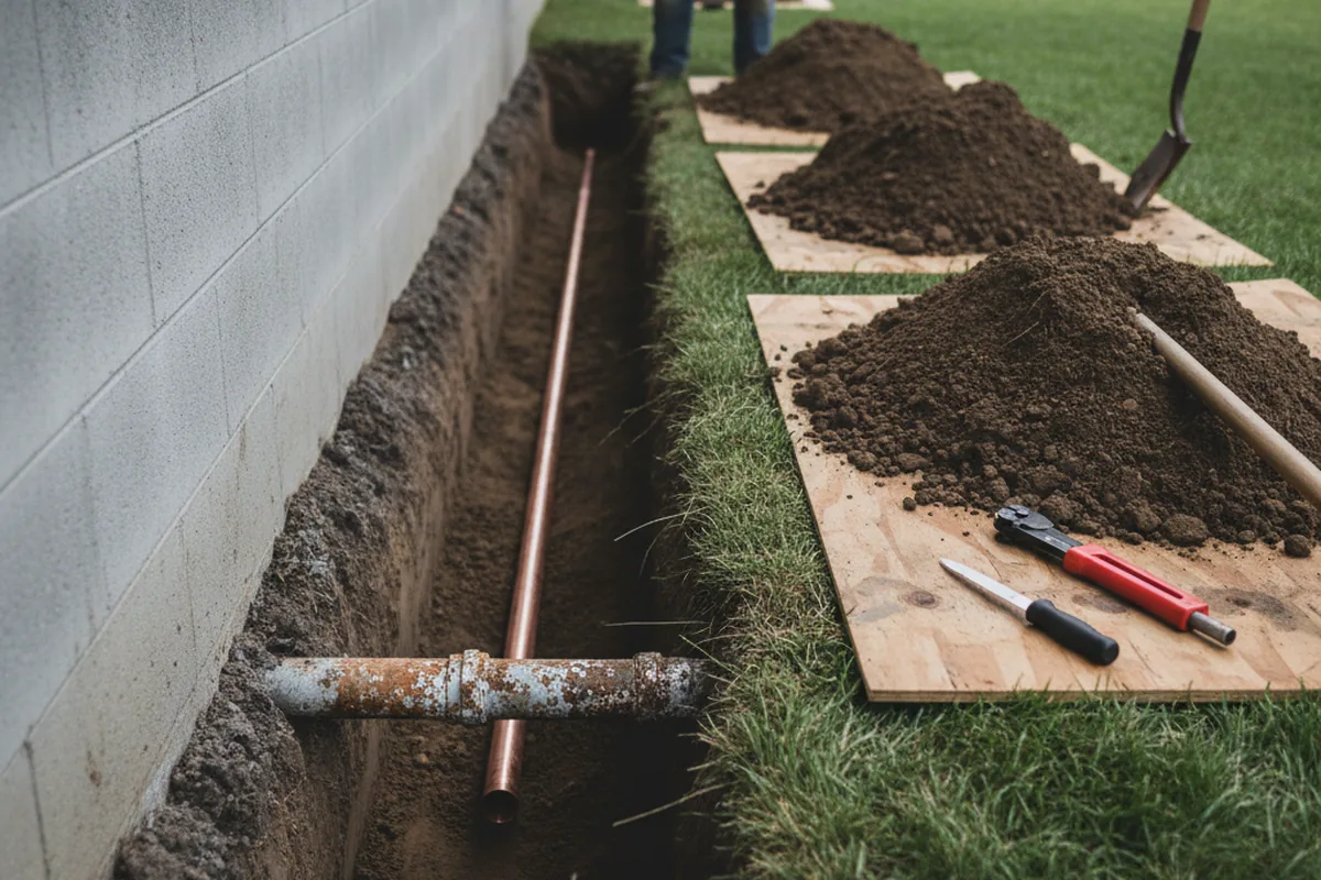 Excavated water line trench during Water Softener Installation in Oreana